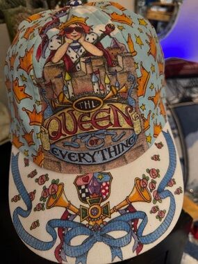 Mary Engelbreit Illustrated Crown & Ribbon Baseball Cap in Light Blue and Orange